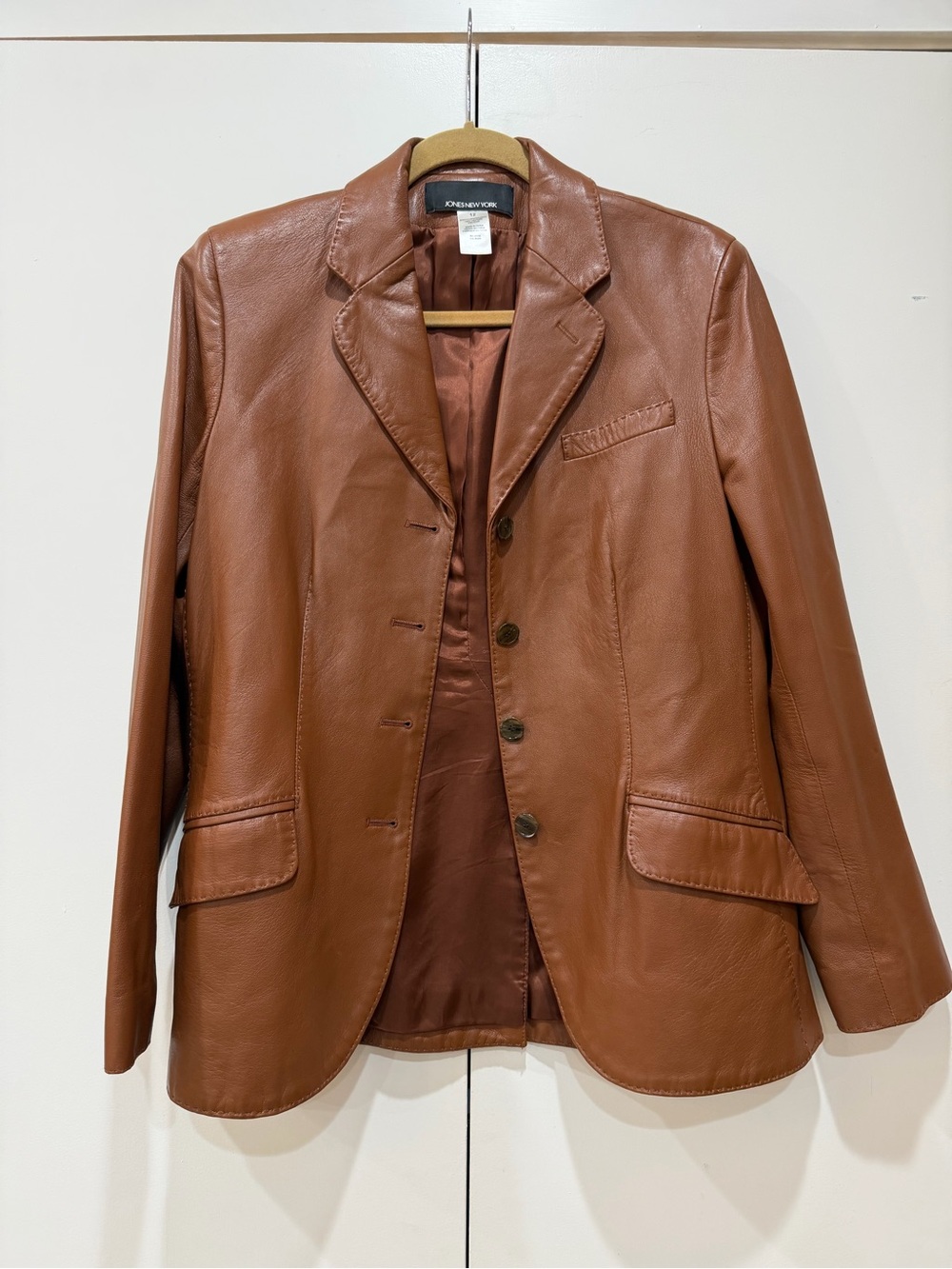 Vintage Jones New York Cognac Brown Genuine Leather Blazer Jacket - Size 12 Y2K